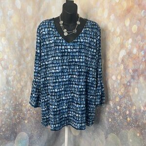 Susan Graver Blue 3/4 Bell Sleeve Relaxed Tunic Sz. XL
